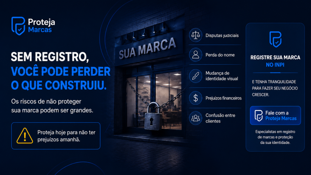 Riscos de não registrar marca no INPI, incluindo perda do nome, disputas judiciais, prejuízos financeiros e mudança de identidade visual.