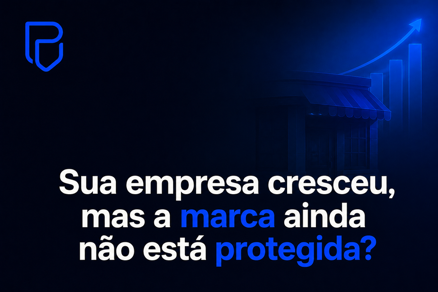 Empresa em crescimento com loja, redes sociais, produtos e elementos que representam a proteção do registro de marca.