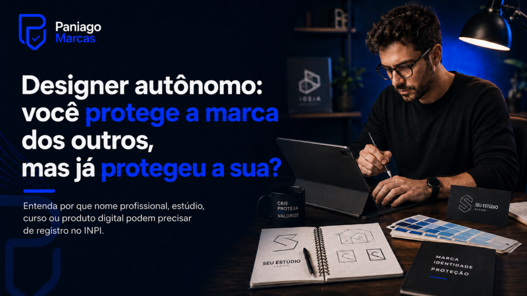 Designer autônomo trabalhando na criação de identidade visual, com destaque para o registro de marca e a proteção do nome profissional no INPI.