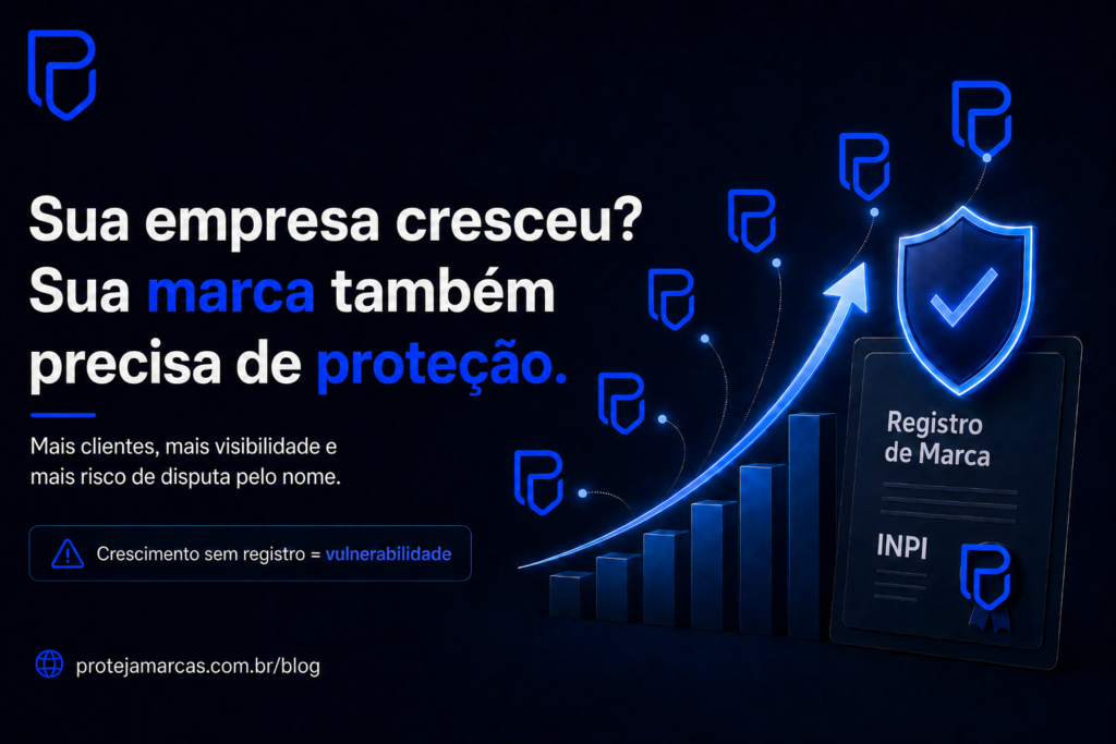 Gráfico de crescimento empresarial ao lado de certificado de registro de marca e elementos de proteção no INPI.